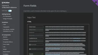 Screenshot of McAfee Enterprise Living Style Guide highlighting form field styling with code to copy and use